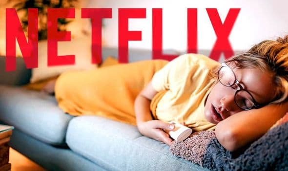 Girl fall a asleep in couch with remote in hand while watching Netflix.